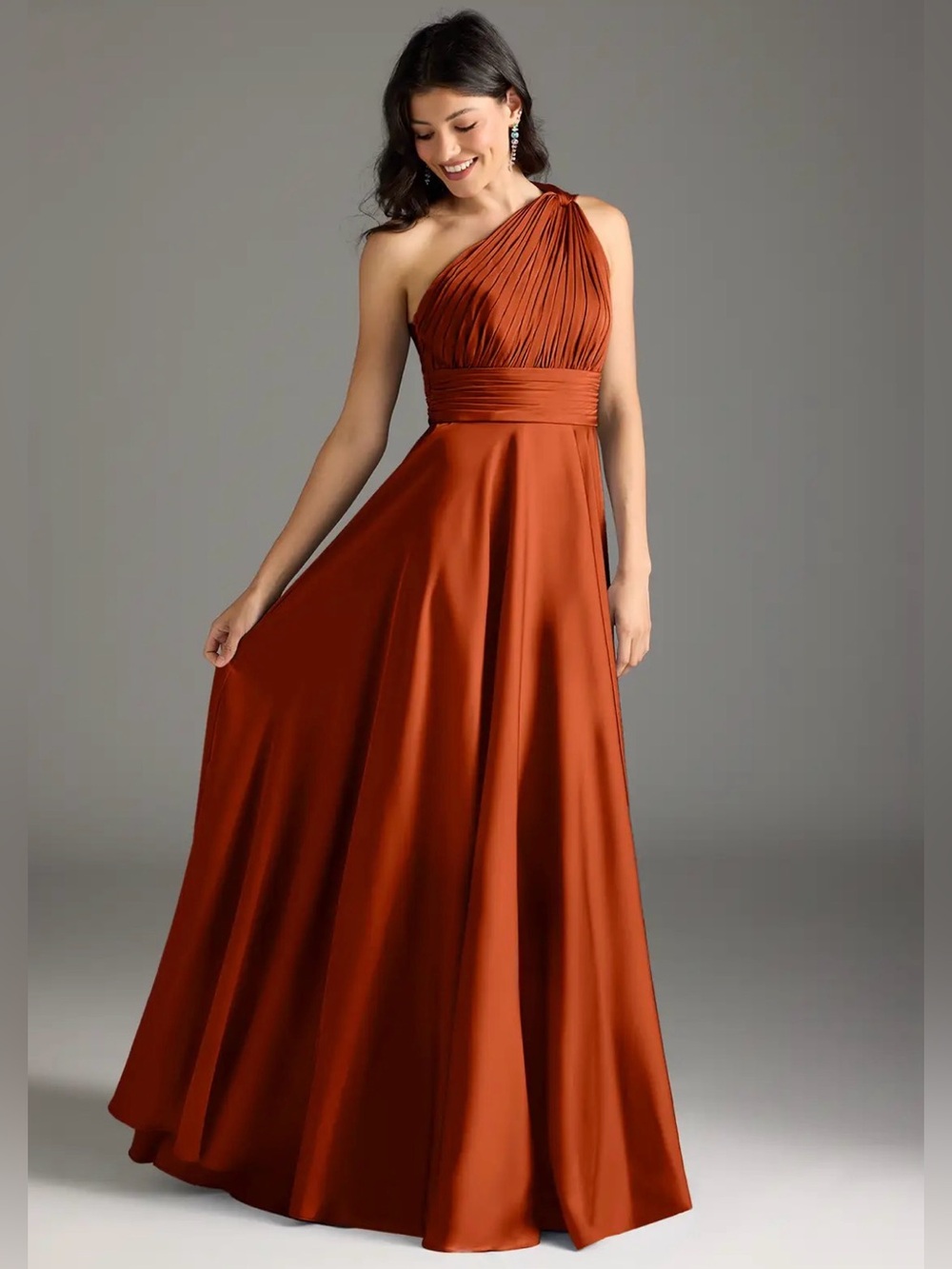 Azazie Charlize Paprika Orange A-Line One-Shoulder Stretch Satin Dress, size 8